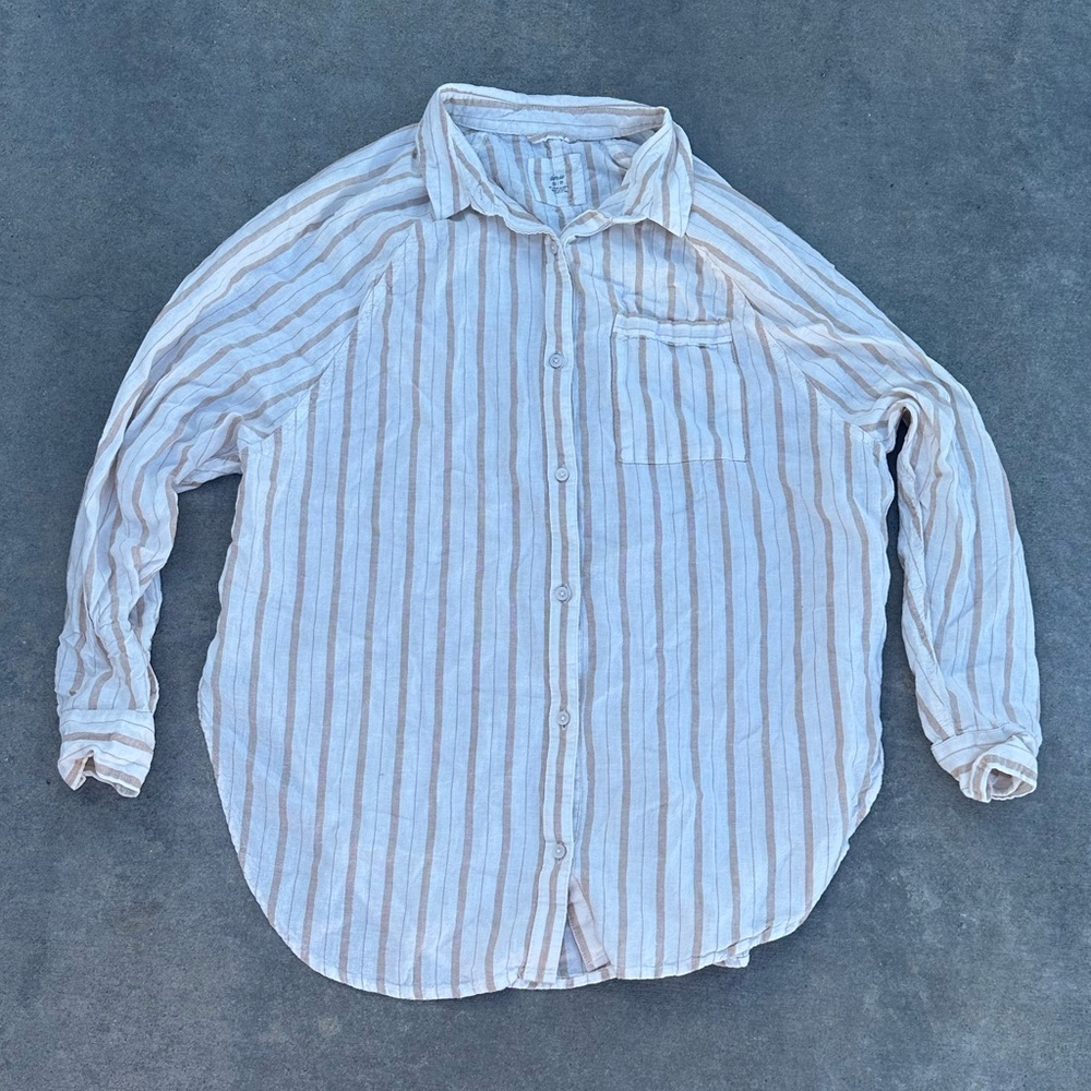 aerie american eagle aeo linen flannel stripes long sleeve button down up top